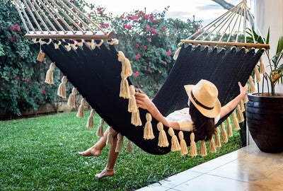 Boho Black Cotton Hammock with Tassels (Wooden Bar)