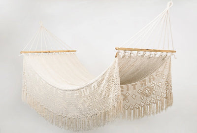 Personalized Boho Natural Cotton Hammock with Macrame Fringe (Wooden Bar)