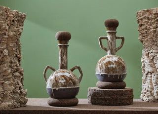 Round Terracotta Clay and Cork Vases, with Handles