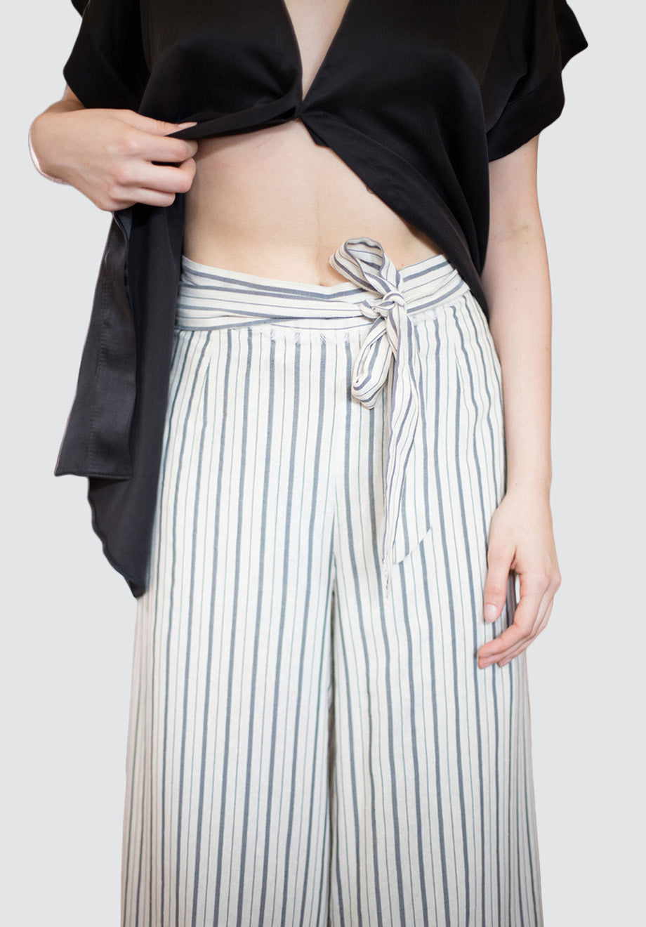 Black Stripe Tie Waist Wrap Pants