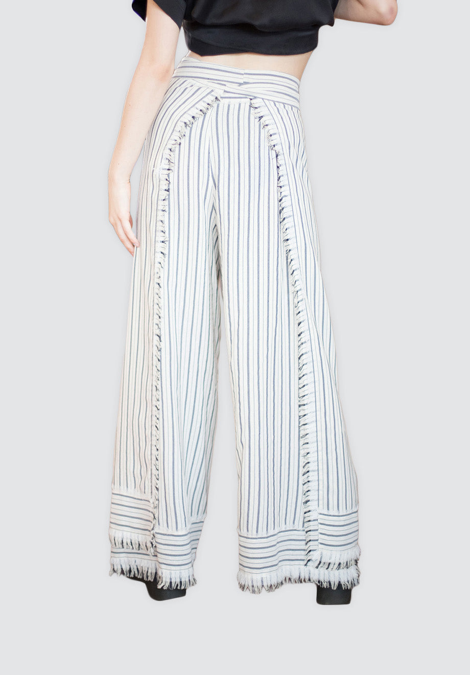 Black Stripe Tie Waist Wrap Pants